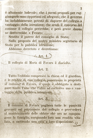 Regio Decreto per lo scioglimento del collegio di Maria di Favara e cessione al Municipio 3